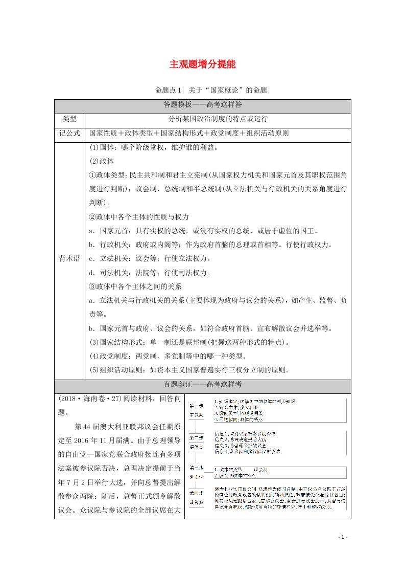 山东专用2021高考政治二轮复习第1部分专题整合突破12国家和国际组织常识第2课时主观题增分提能学案