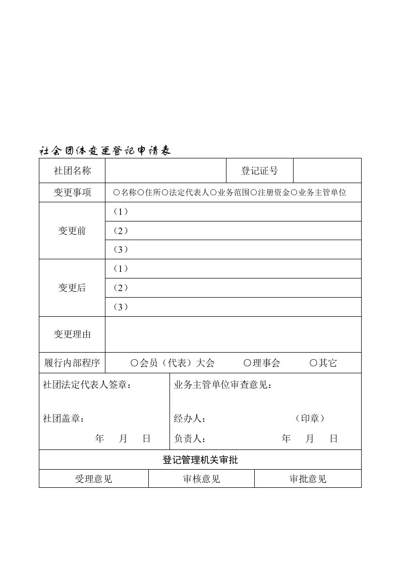 社会团体变更登记申请表