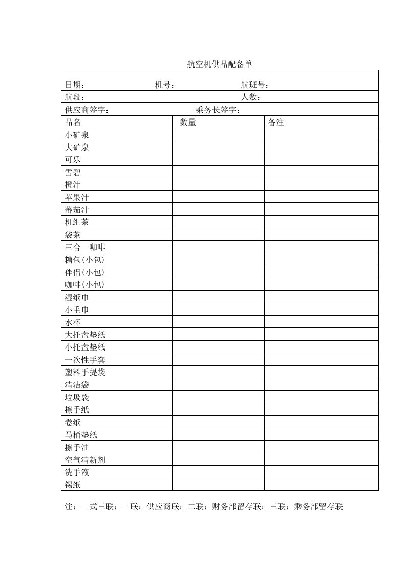 航空物流公司机供品配备单