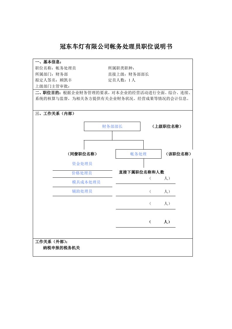 冠东车灯有限公司帐务处理员职位说明书