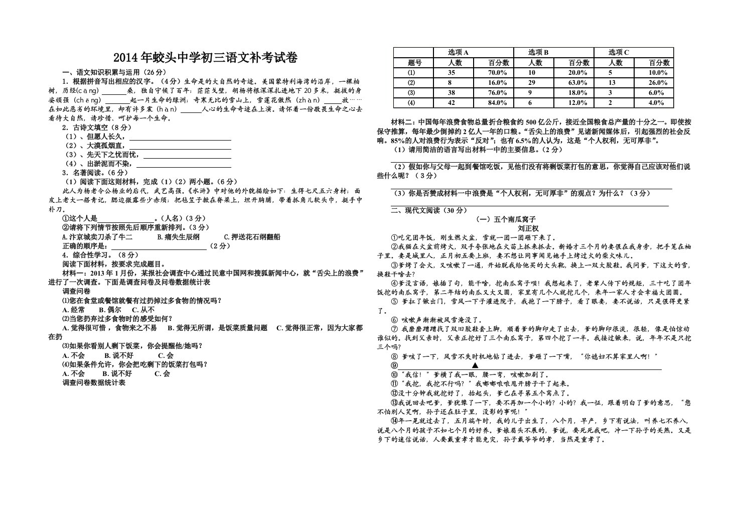 2014年蛟头中学初三语文补考试卷