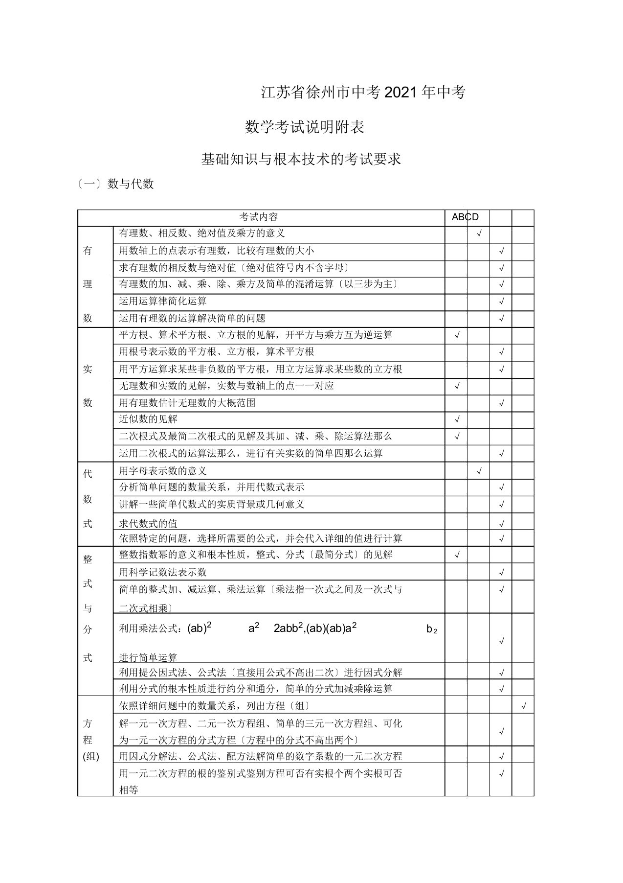 徐州市年中考数学考试说明