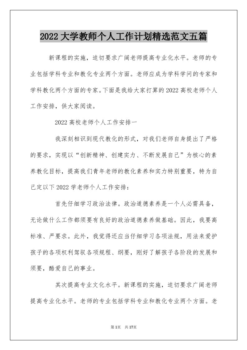 2022大学教师个人工作计划精选范文五篇