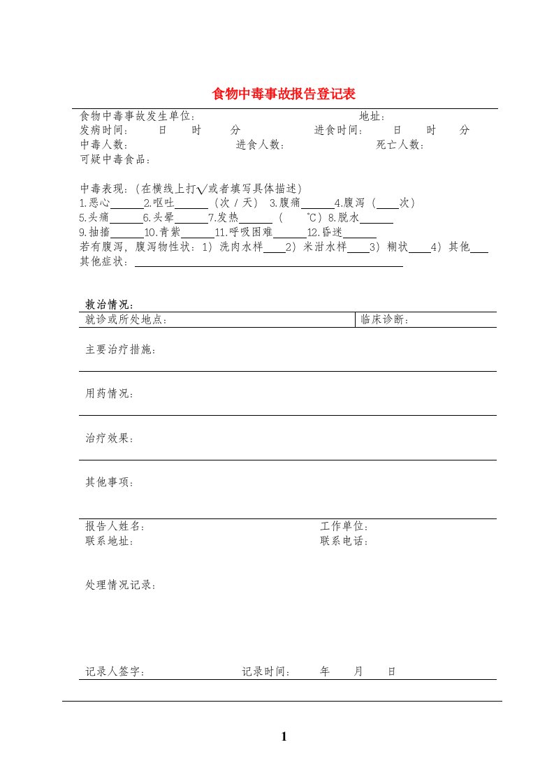 食物中毒事故报告登记表