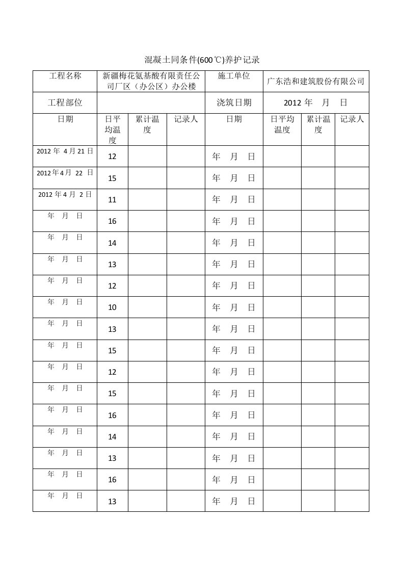 混凝土同条件养护温度记录