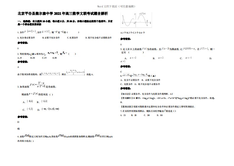 北京平谷县熊尔寨中学2021年高三数学文联考试题含解析