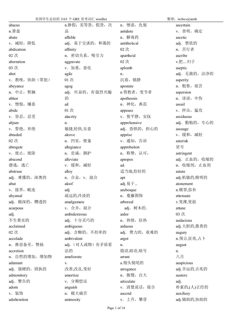 美国学生总结的1163个GRE常考词汇wordlist(中文释义)