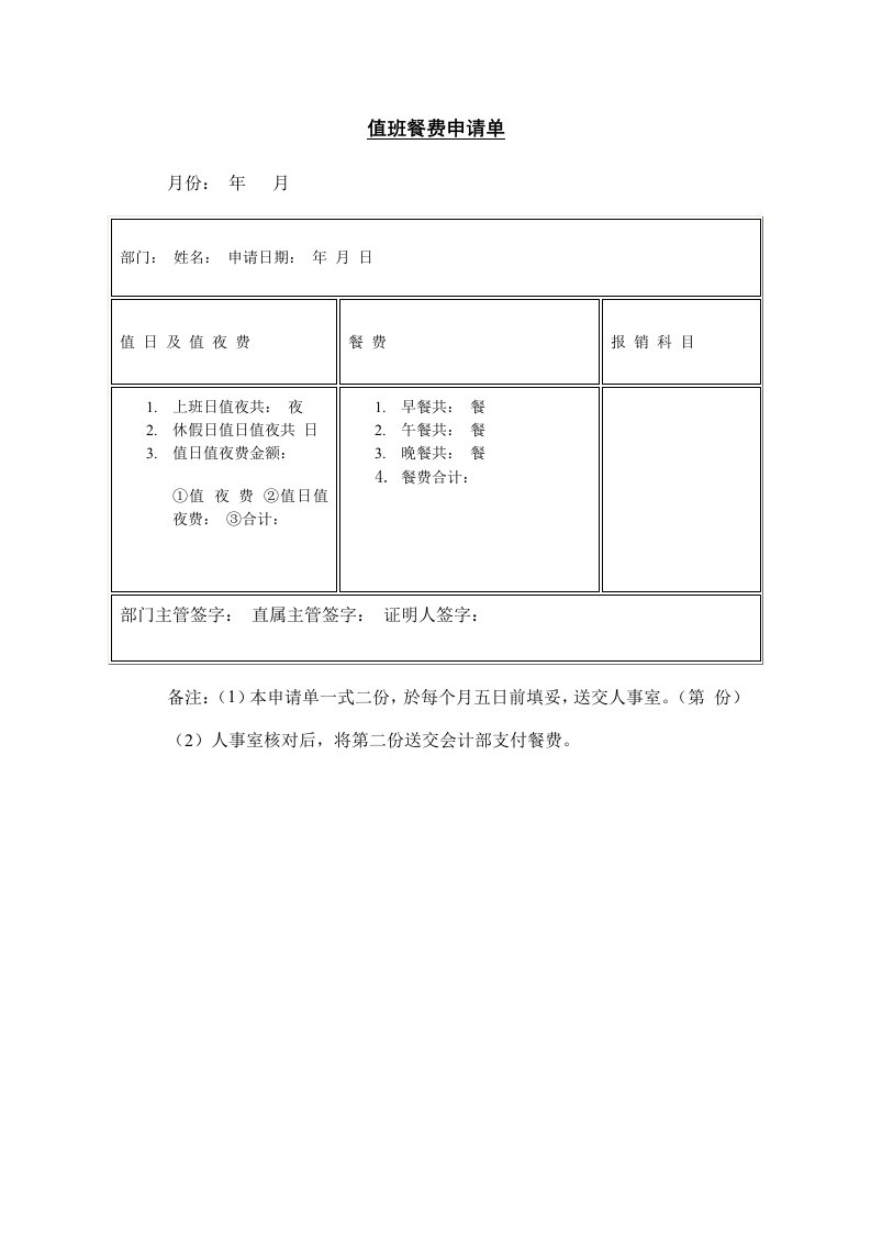 餐饮管理-企业管理表格值班餐费申请单