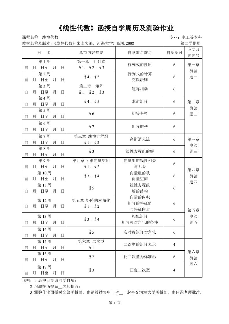 线性代数函授自学周历及测验作业