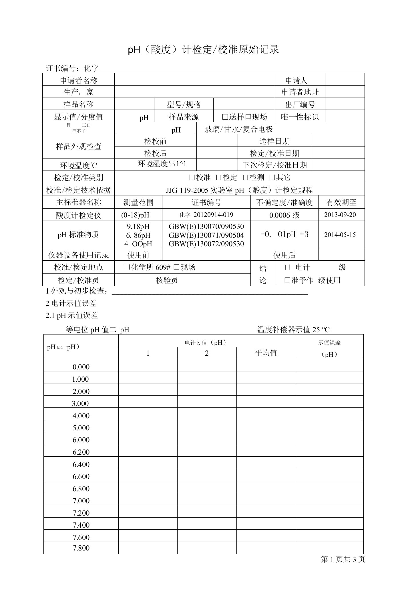 pH(酸度)计检定校准原始记录（修订）