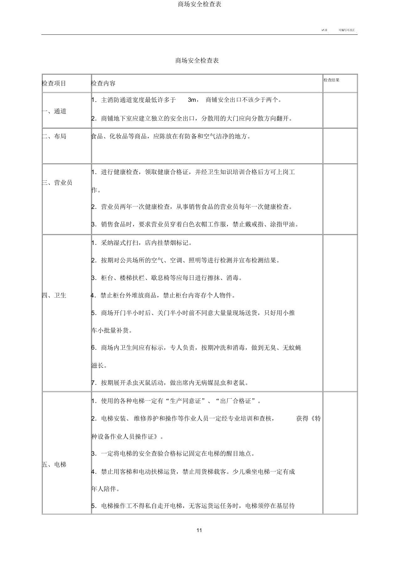 商场安全检查表