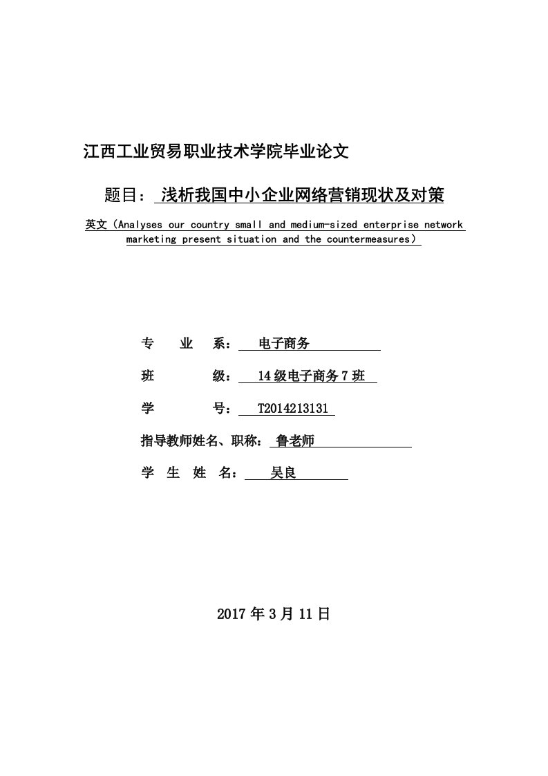 浅析我国中小企业网络营销现状及对策毕业论文