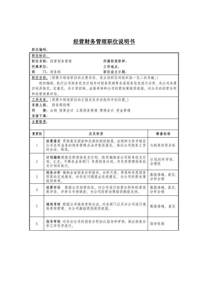 财务部经营财务管理岗位职责