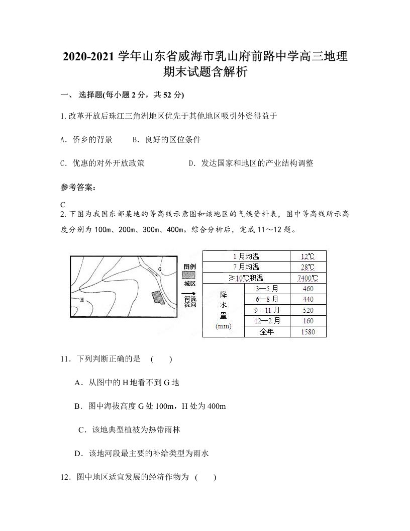 2020-2021学年山东省威海市乳山府前路中学高三地理期末试题含解析