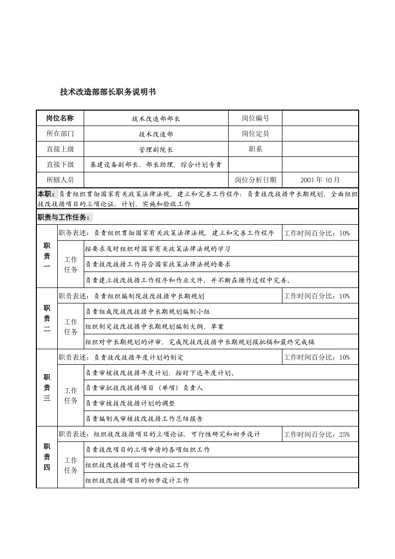 航材院技术改造部部长职务说明书