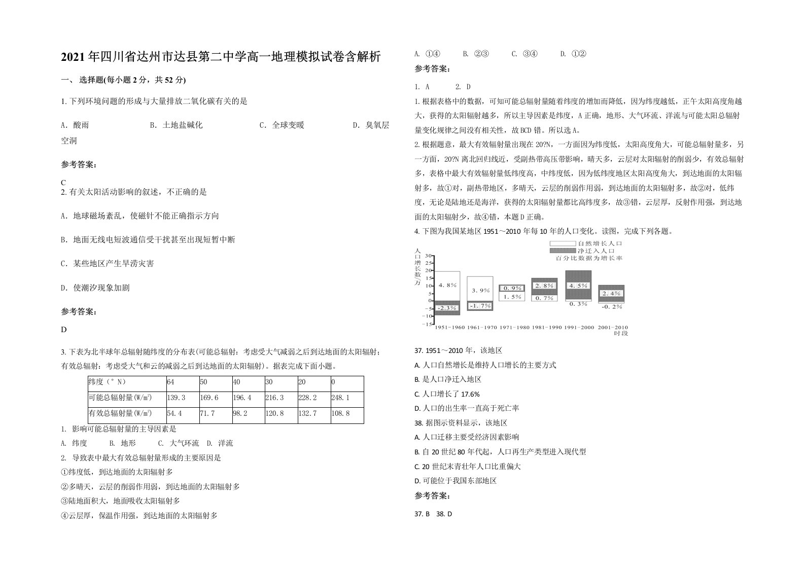 2021年四川省达州市达县第二中学高一地理模拟试卷含解析