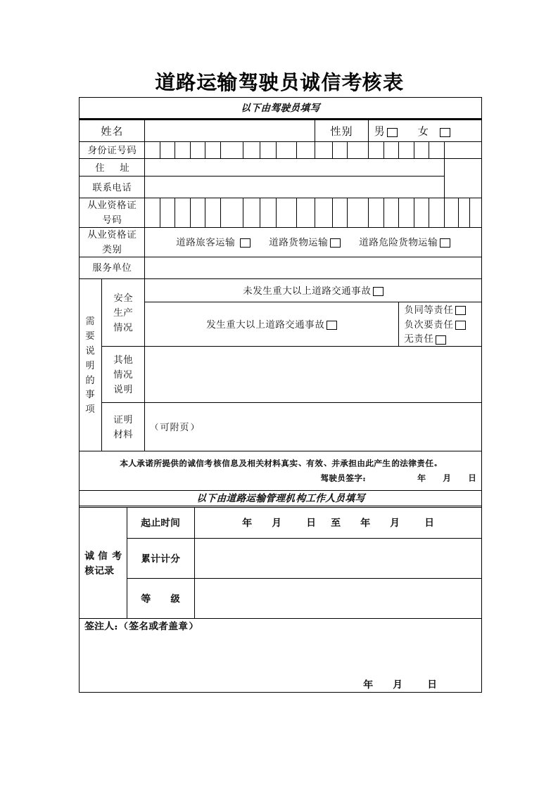 道路运输驾驶员诚信考核表