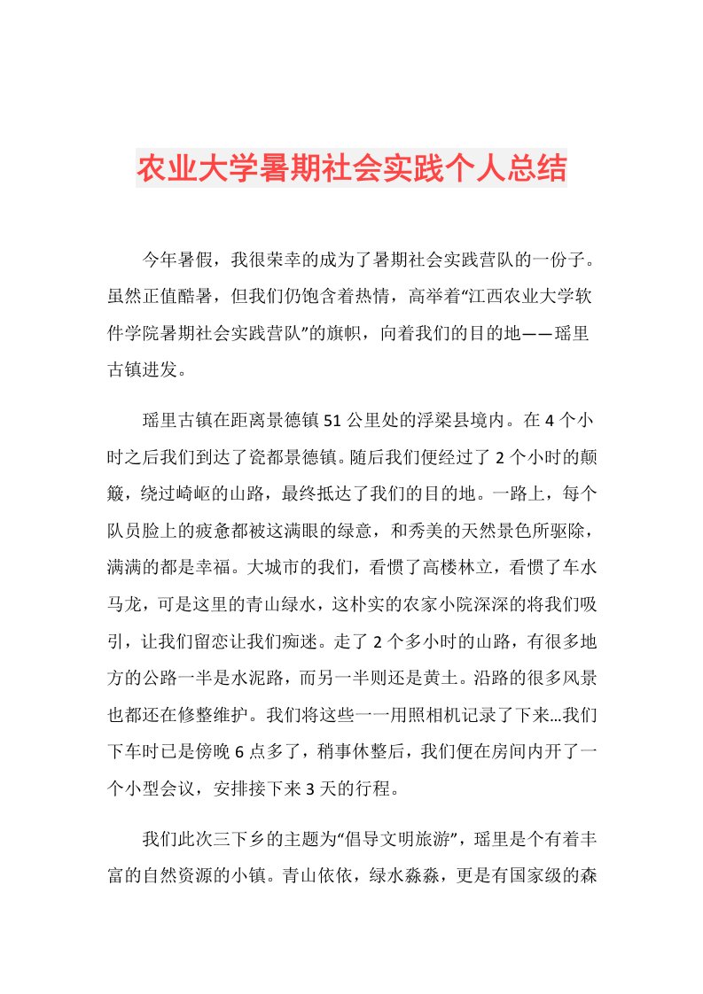 农业大学暑期社会实践个人总结