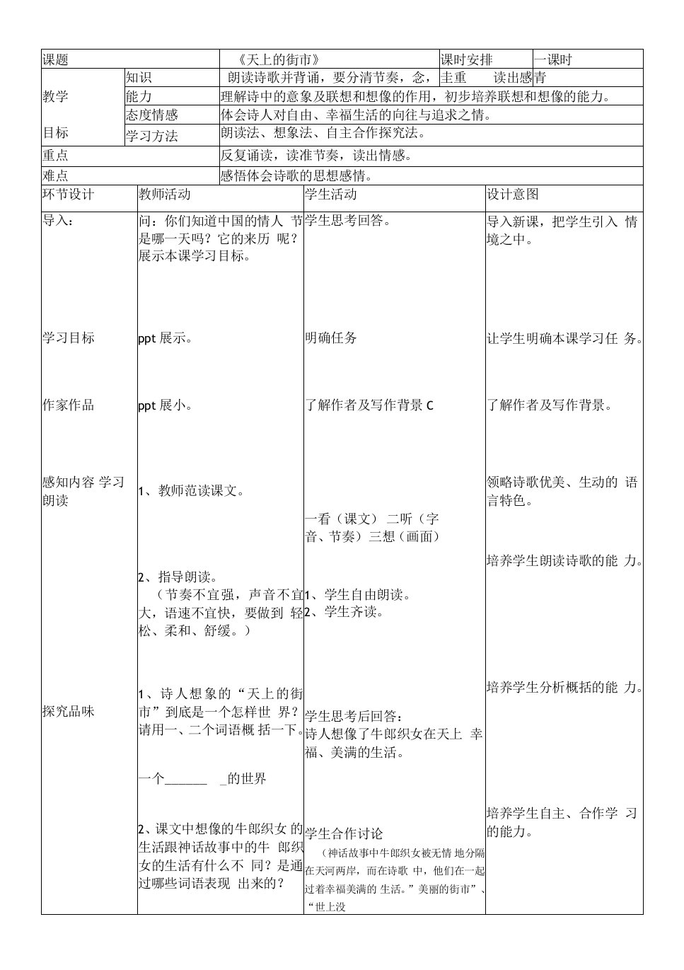 初中语文人教课标版七年级上册天上的街市教案