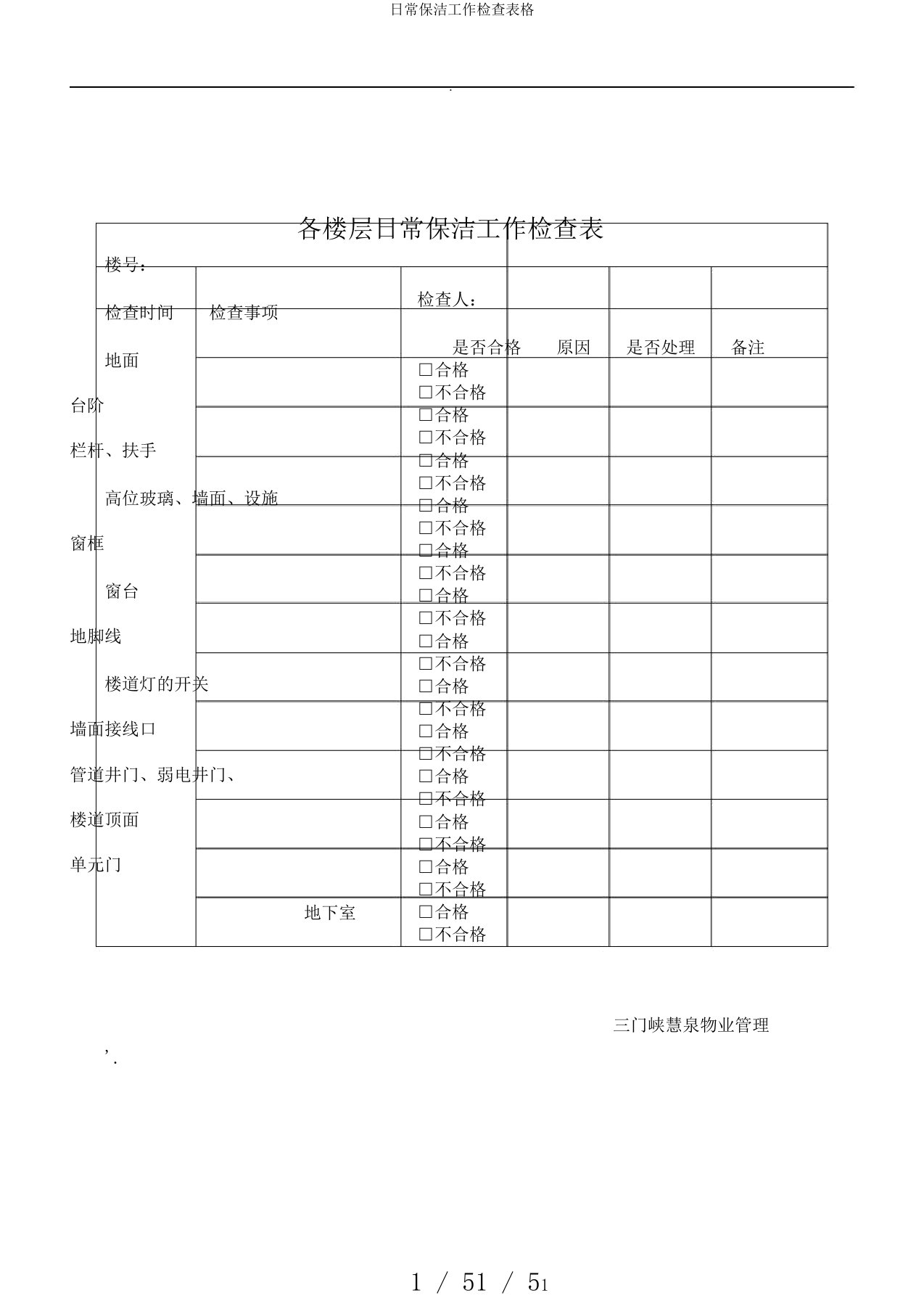 日常保洁工作检查表格