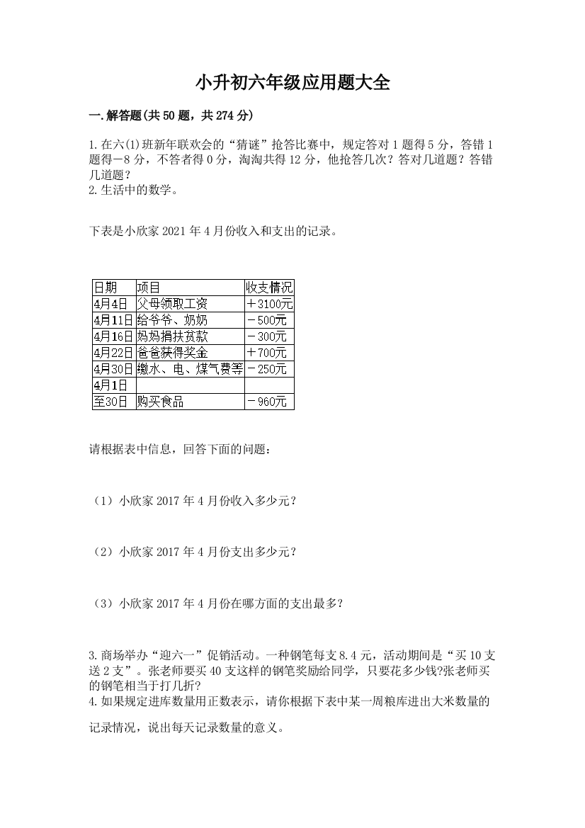 小升初六年级应用题大全【预热题】