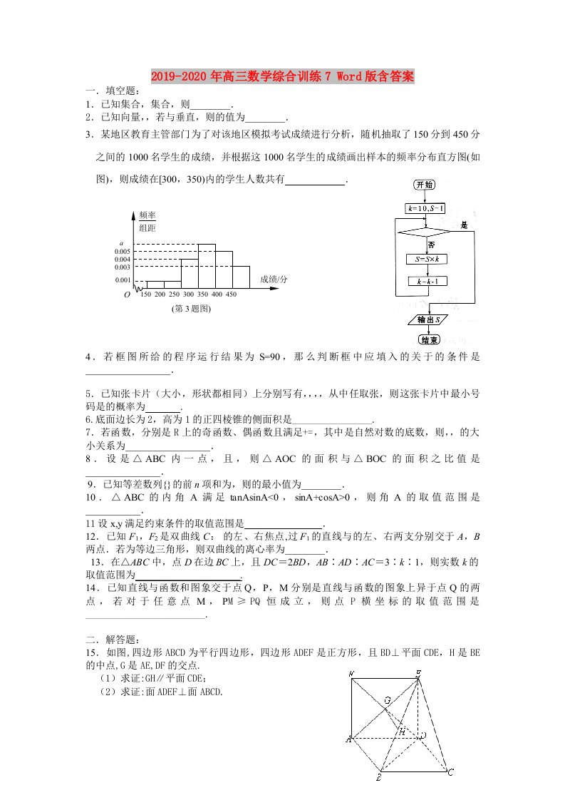 2019-2020年高三数学综合训练7