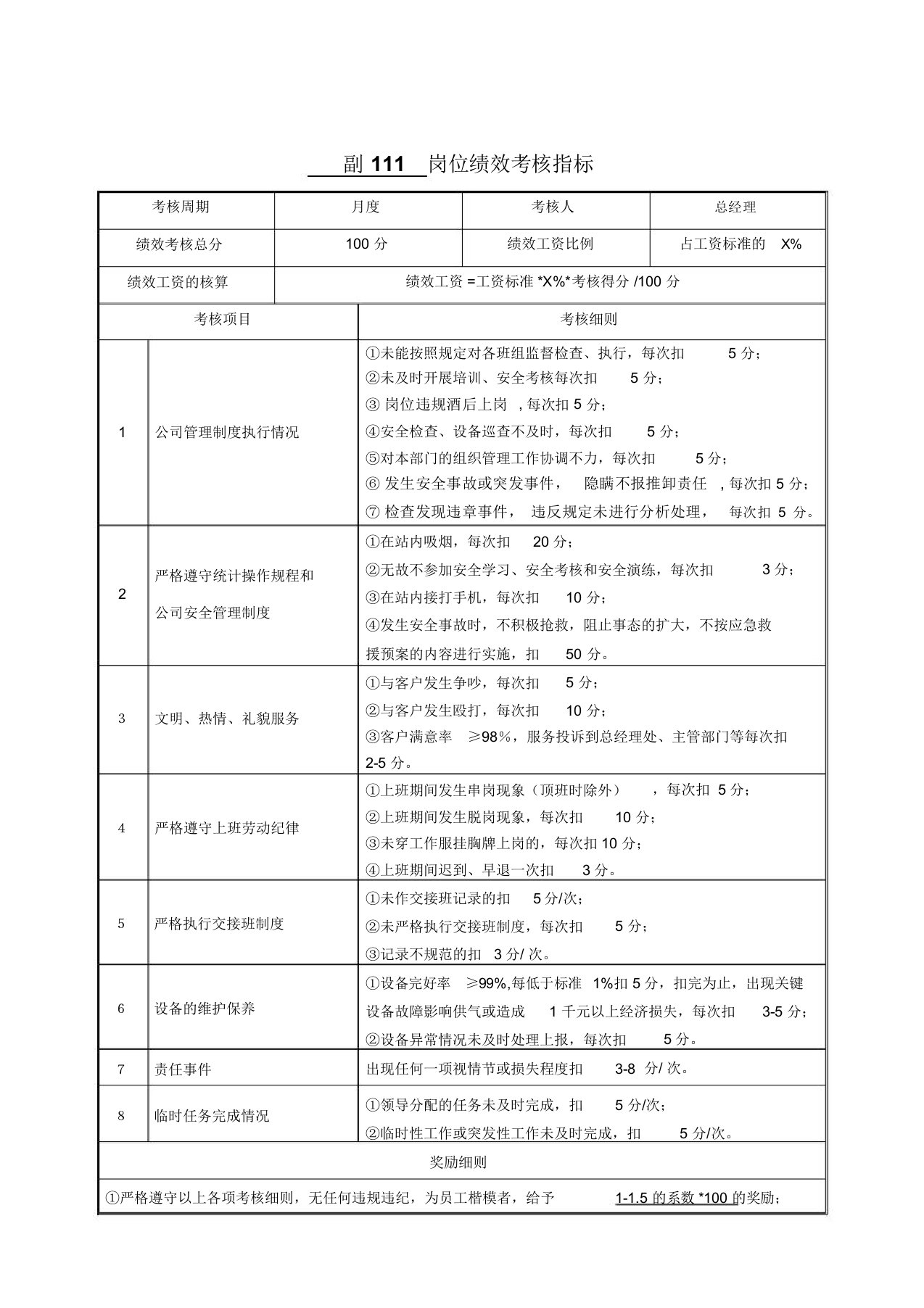 加气站各岗位考核实施细则