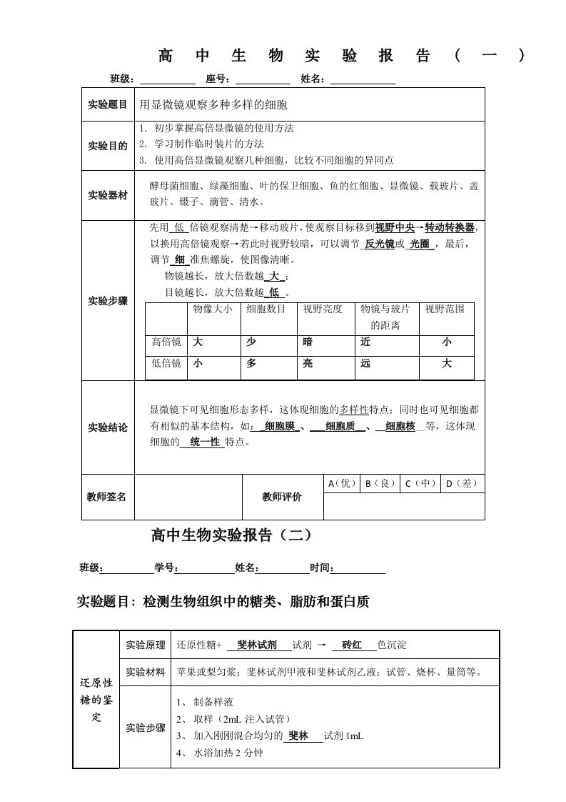 高中生物实验报告(必修1)