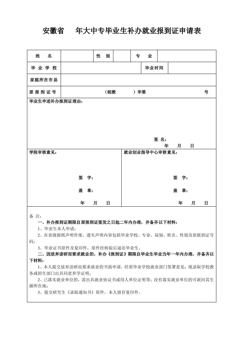 安徽年大中专毕业生补办就业报到证申请表