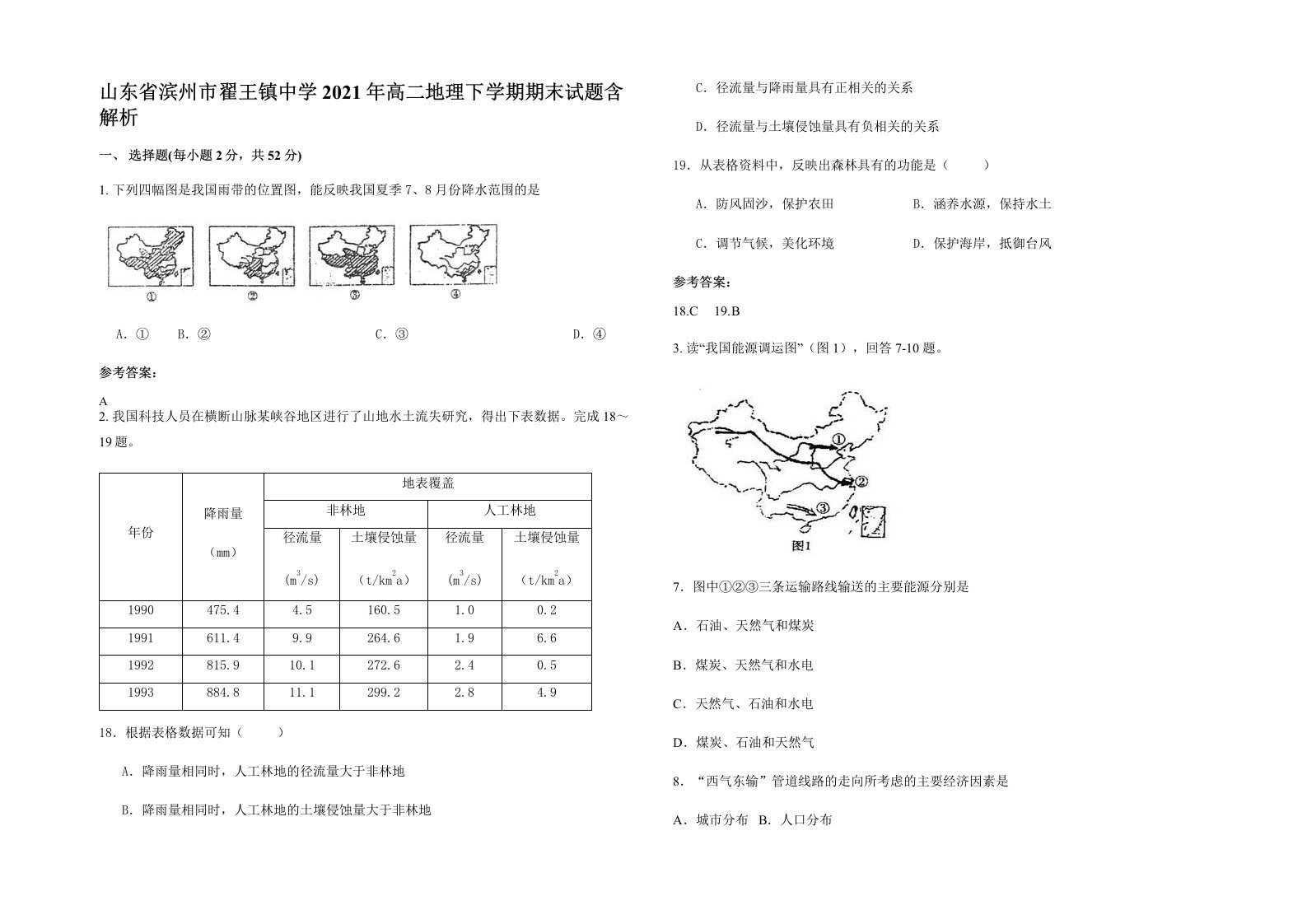 山东省滨州市翟王镇中学2021年高二地理下学期期末试题含解析