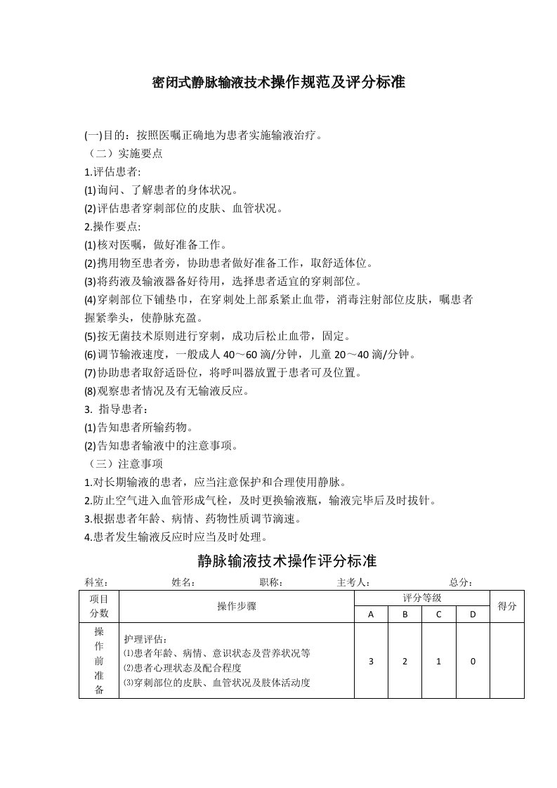 密闭式静脉输液技术操作规范及评分标准