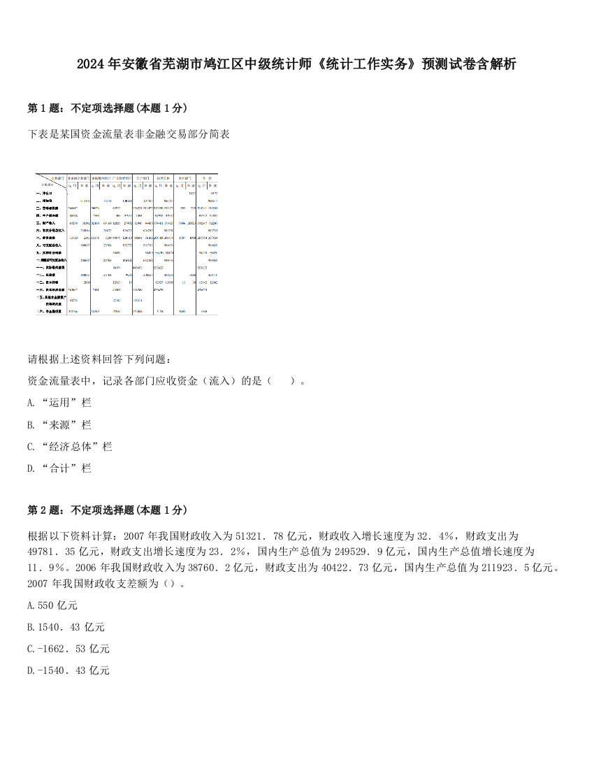 2024年安徽省芜湖市鸠江区中级统计师《统计工作实务》预测试卷含解析