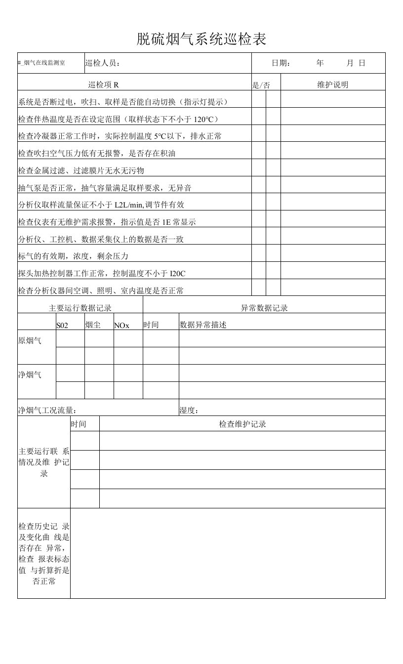 脱硫烟气系统巡检表