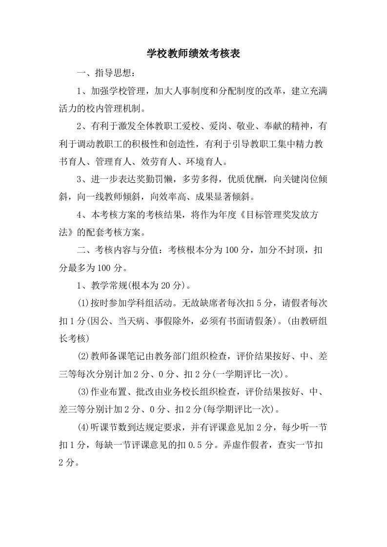 学校教师绩效考核表