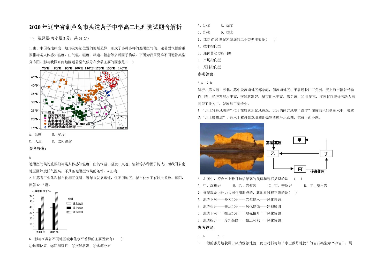 2020年辽宁省葫芦岛市头道营子中学高二地理测试题含解析