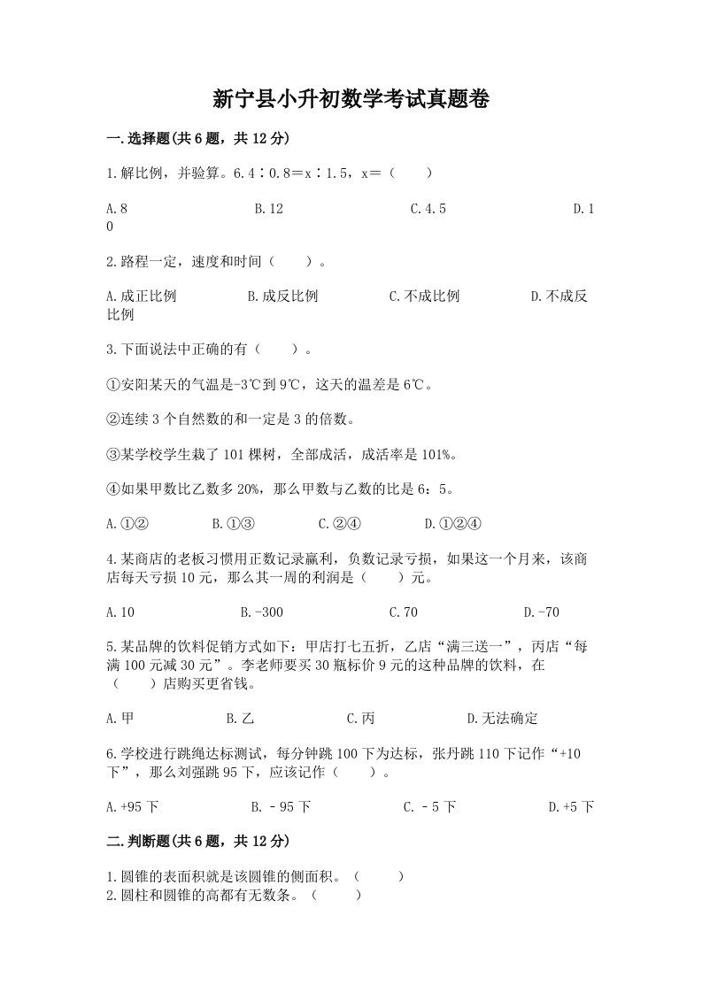 新宁县小升初数学考试真题卷新版