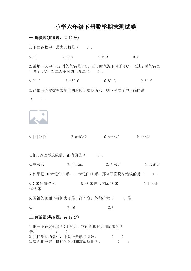 小学六年级下册数学期末测试卷带答案（精练）