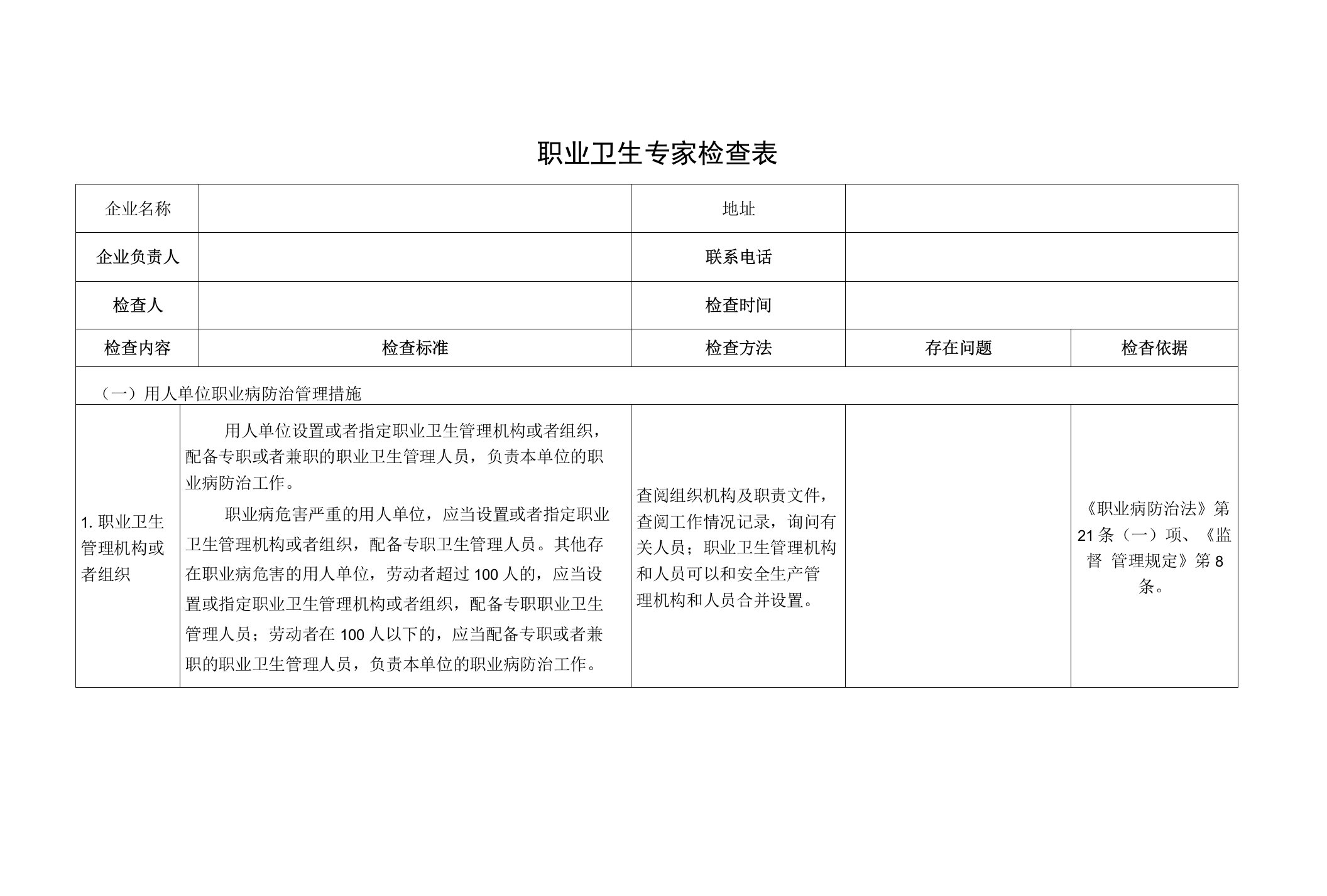 职业卫生专家检查表