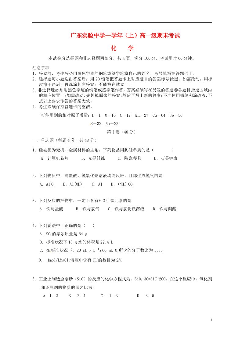 广东省实验中学高一化学上学期期末考试试题