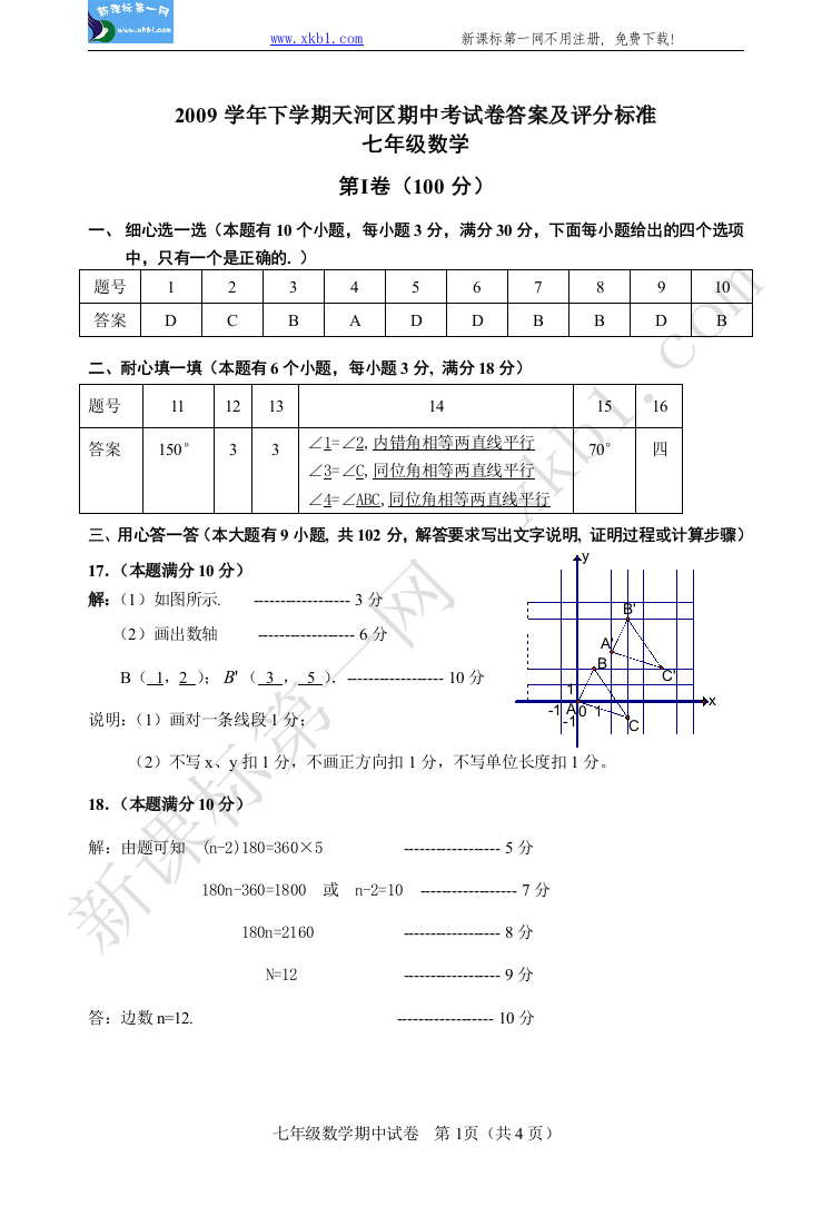 【小学中学教育精选】09下初一数学期中考试卷评分标准(1)