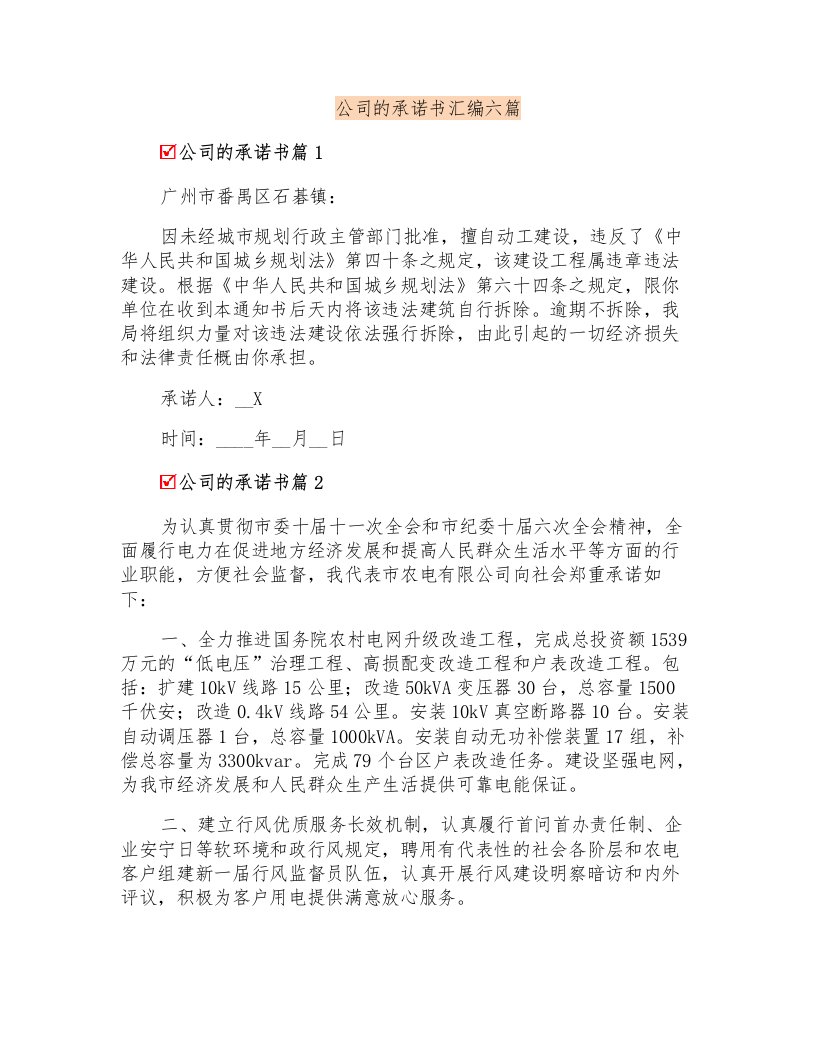 公司的承诺书汇编六篇