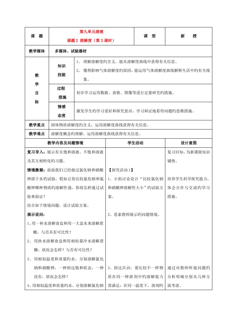 化学溶解度教案人教新课标版九年级下