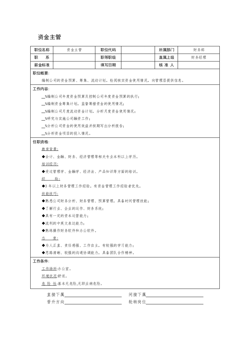 资金主管职位说明书