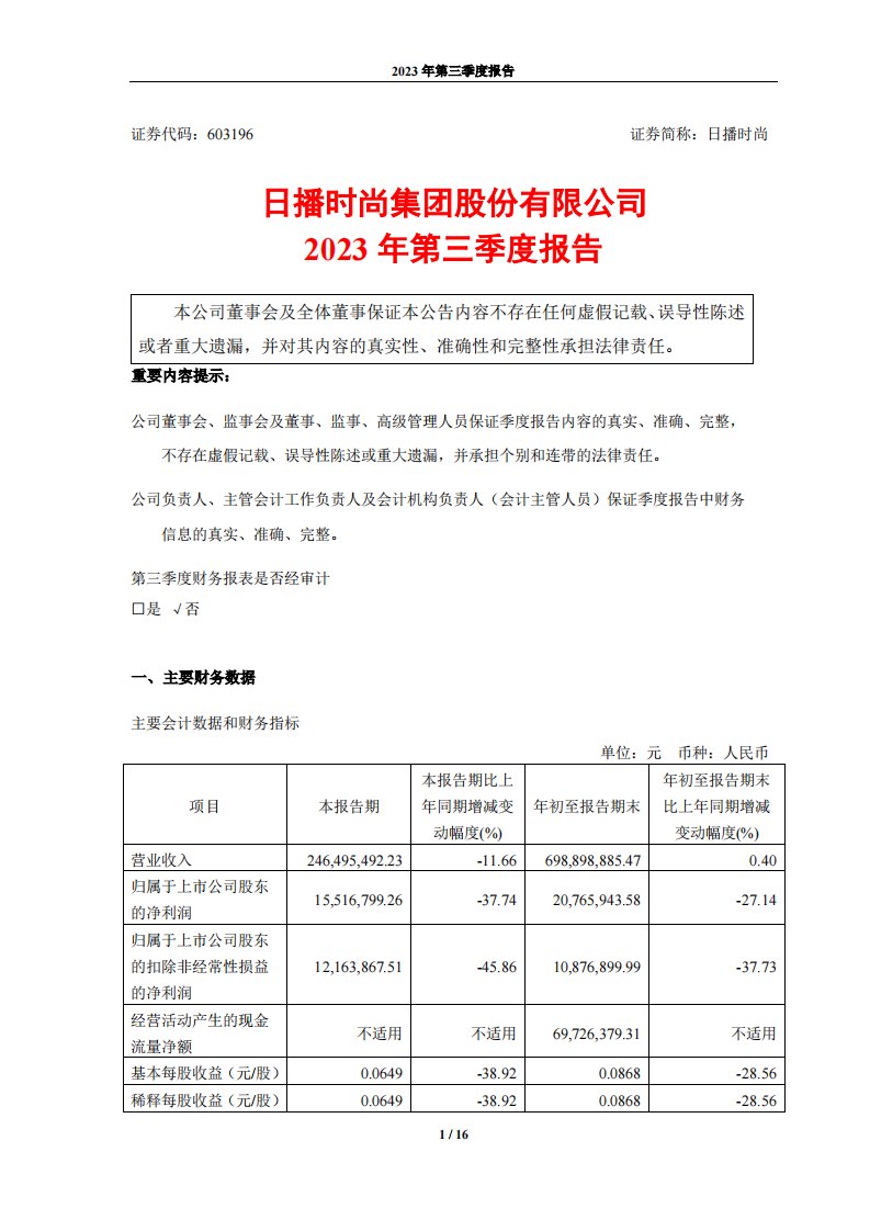 上交所-日播时尚2023年第三季度报告-20231030