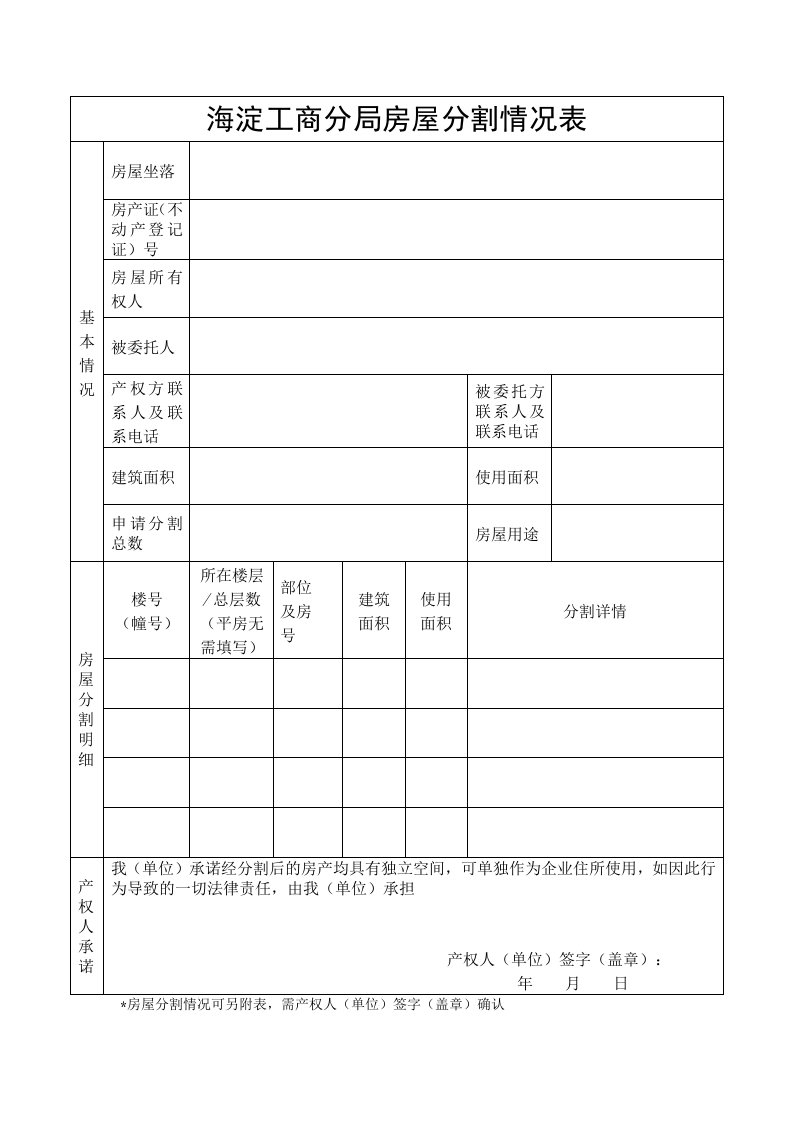 海淀工商分局房屋分割情况表