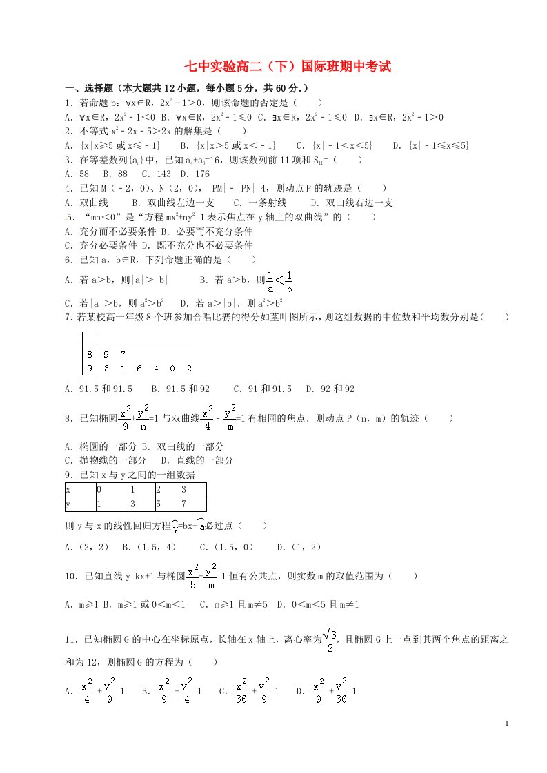 四川省成都七中实验学校高二数学下学期期中试题（国际班）