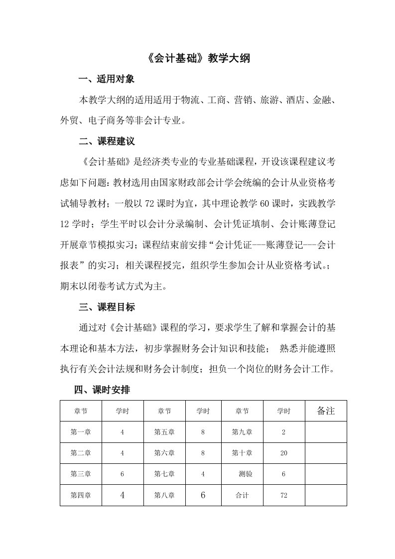 《会计基础》课程教学大纲