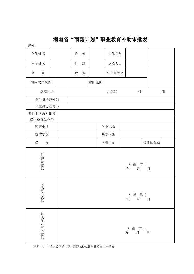 湖南省雨露计划职业教育补助审核表及学籍证明