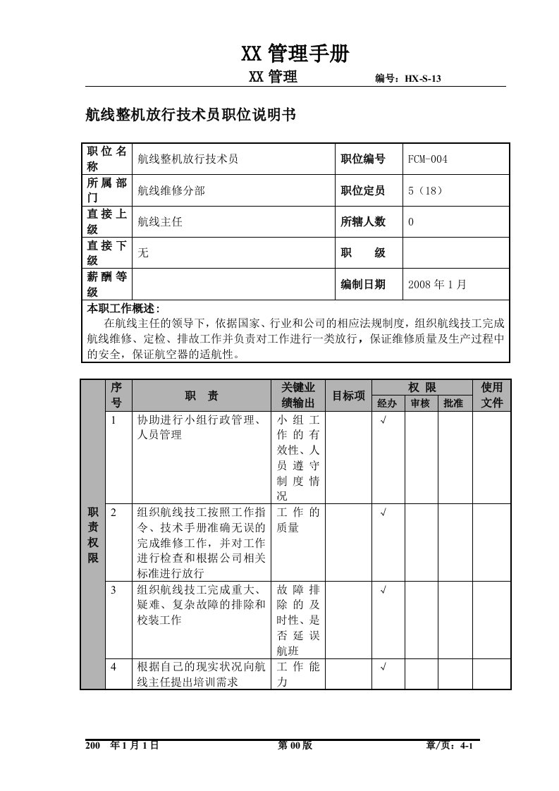 航线整机放行技术员职位说明书及关键绩效标准