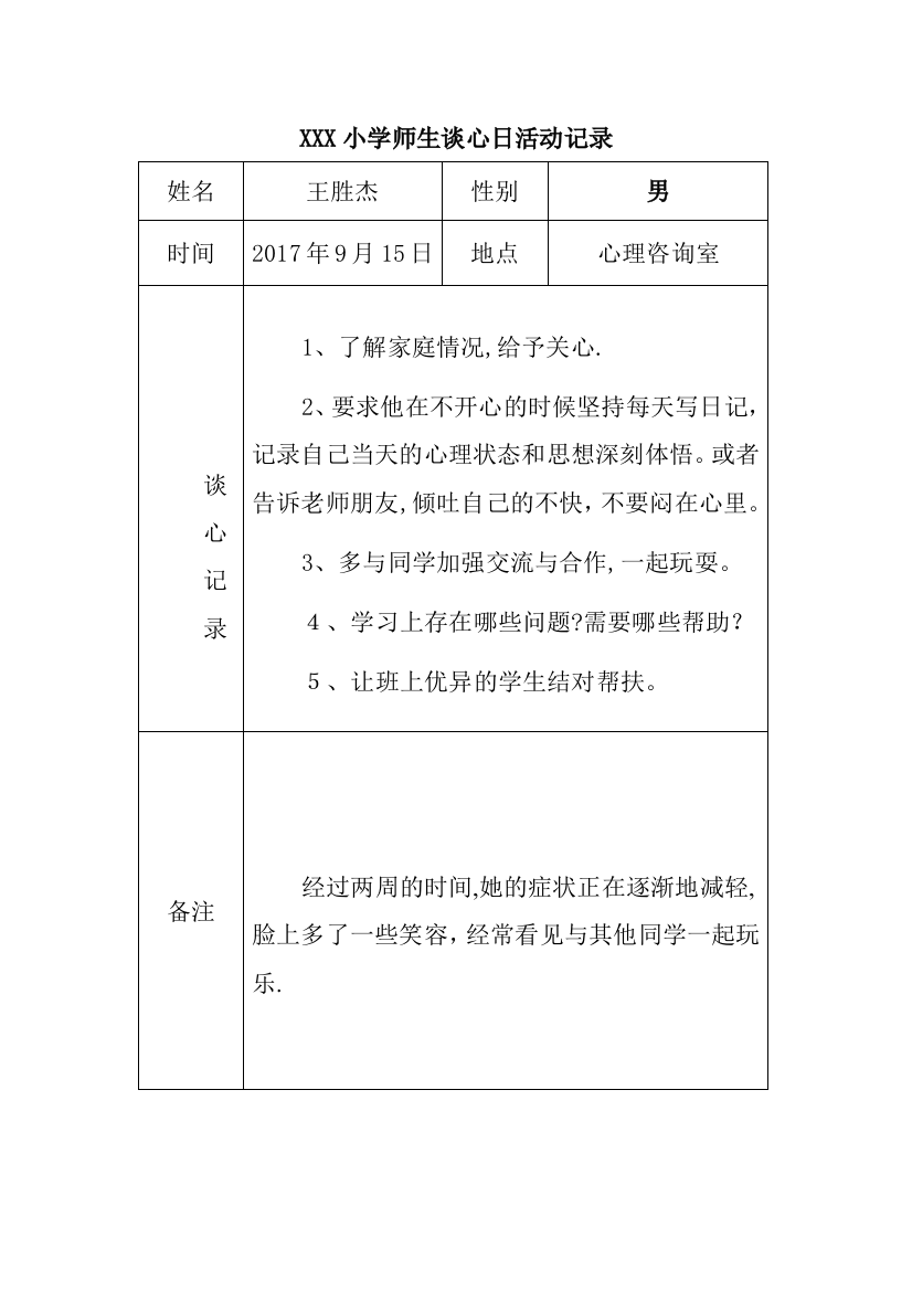 XXX小学师生谈心日活动记录可编辑范本